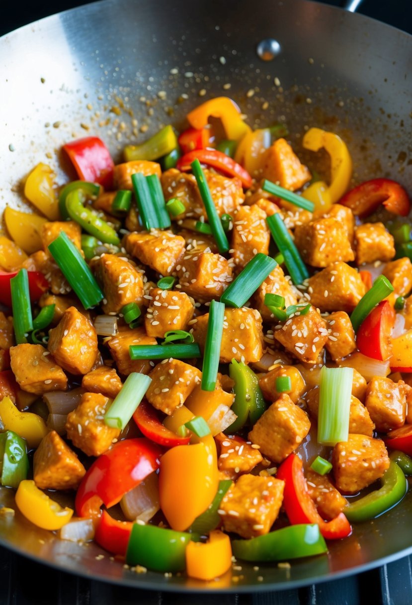 A sizzling wok filled with diced chicken, colorful bell peppers, and onions, all coated in a savory Mongolian sauce. Garnished with green onions and sesame seeds