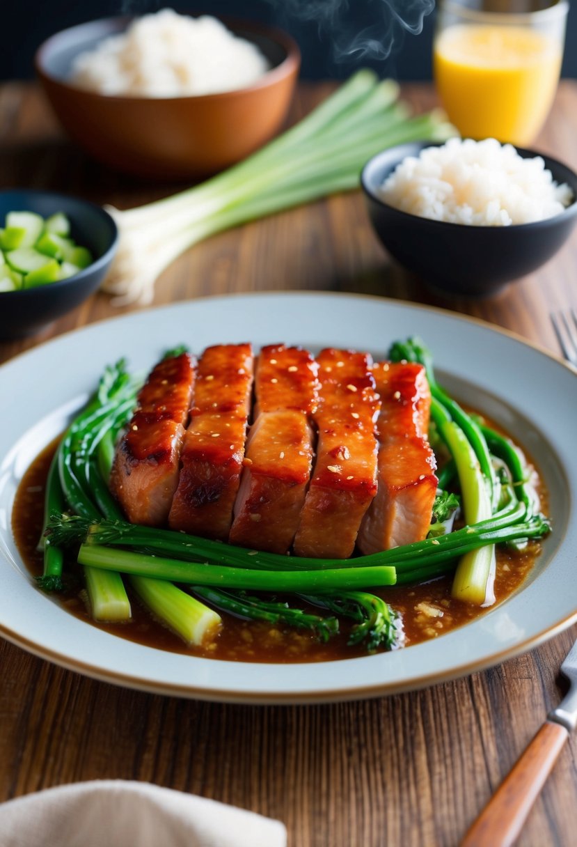 A sizzling plate of Char Siu Pork with a glossy glaze, surrounded by vibrant green vegetables and steaming white rice