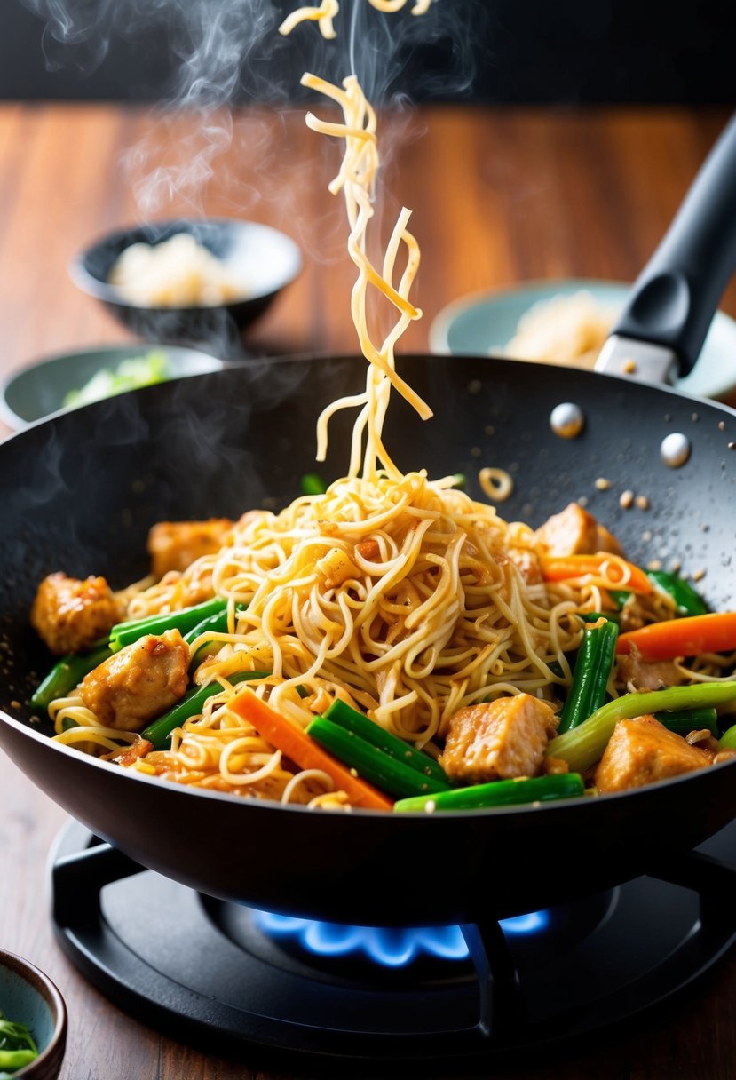 A sizzling wok filled with stir-fried noodles, tender chunks of chicken, and colorful vegetables, emitting fragrant aromas of soy sauce and ginger