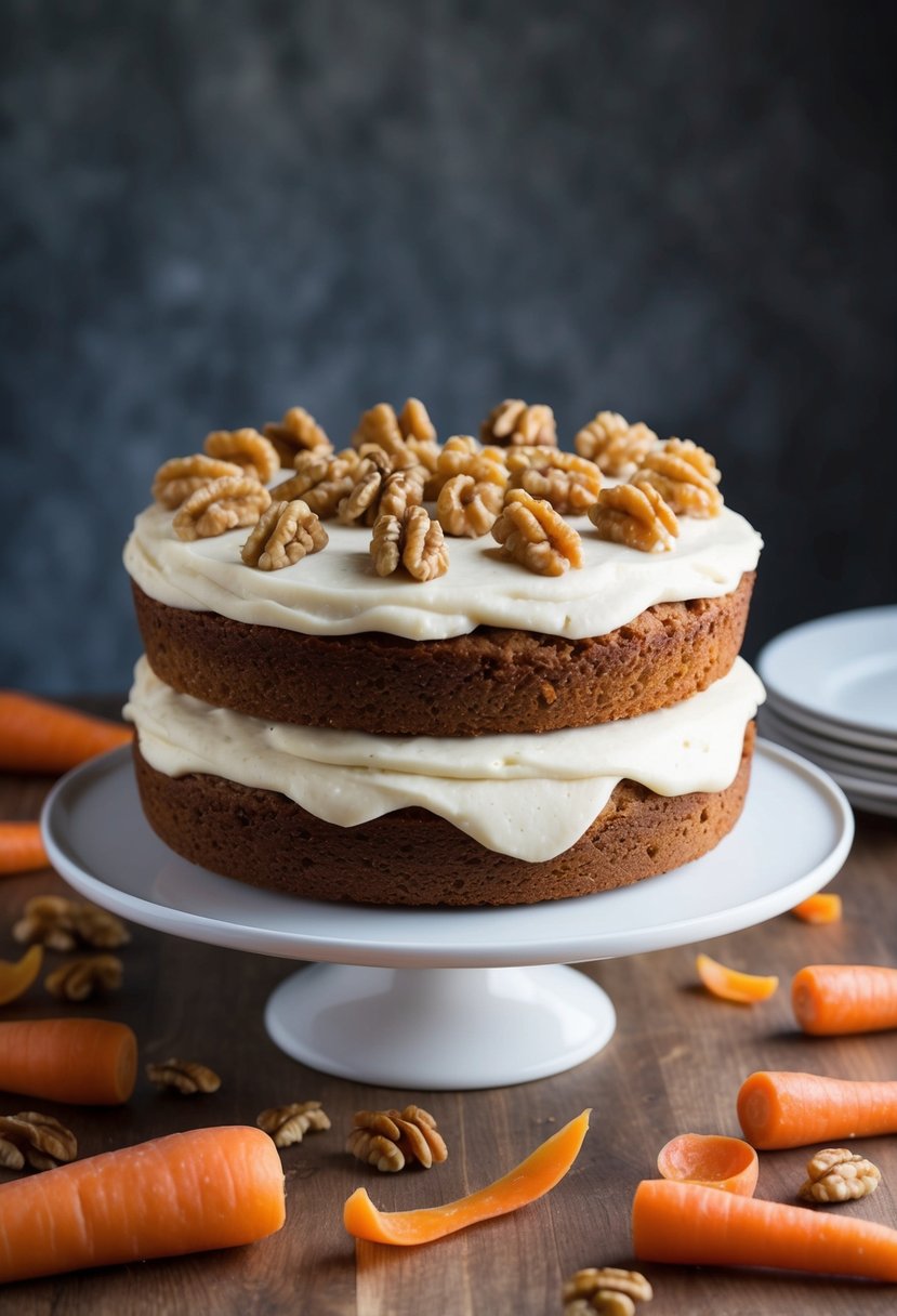 A freshly baked carrot cake with layers of cream cheese icing, topped with walnuts and surrounded by scattered carrot peels