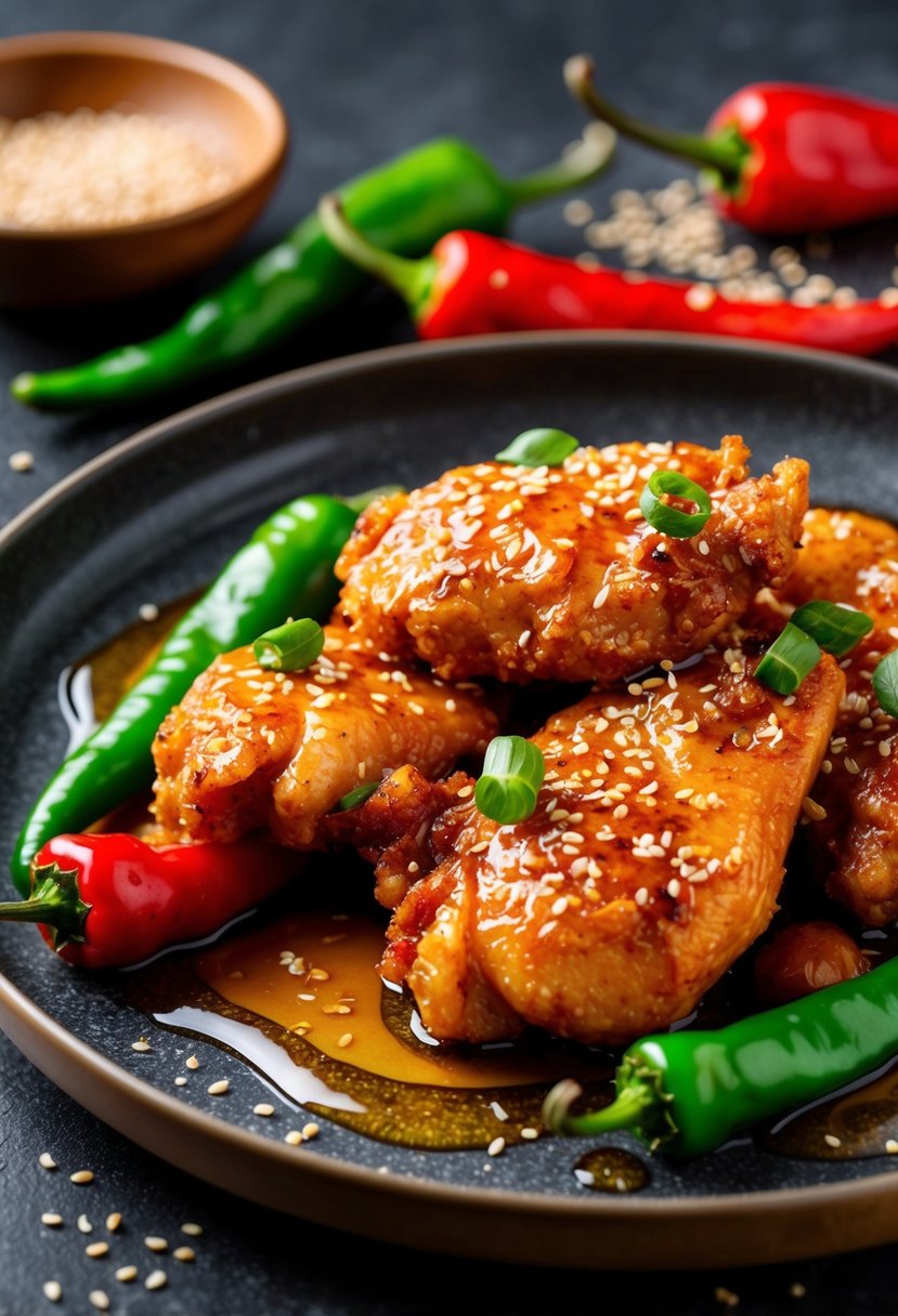 A sizzling plate of crispy honey chili chicken with vibrant red and green chili peppers, drizzled with golden honey and sprinkled with sesame seeds