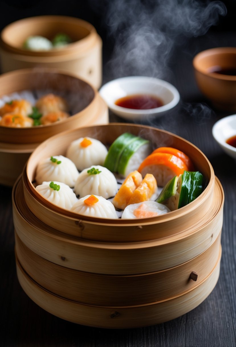 A bamboo steamer filled with various types of steamed dim sum