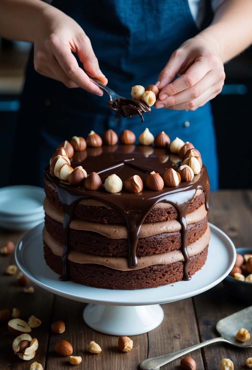 A decadent mocha hazelnut layer cake being carefully assembled with rich chocolate ganache and toasted hazelnuts