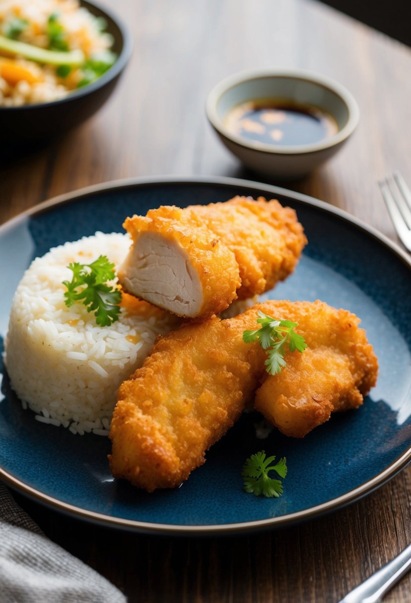 A plate of golden-brown Japanese Chicken Katsu with a side of steamed rice and a small dish of tangy tonkatsu sauce