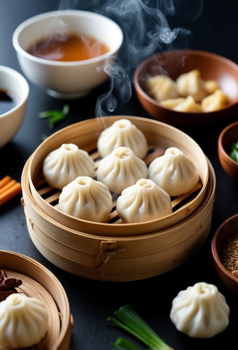 A steaming bamboo basket filled with freshly made Xiao Long Bao, surrounded by traditional Chinese cooking ingredients