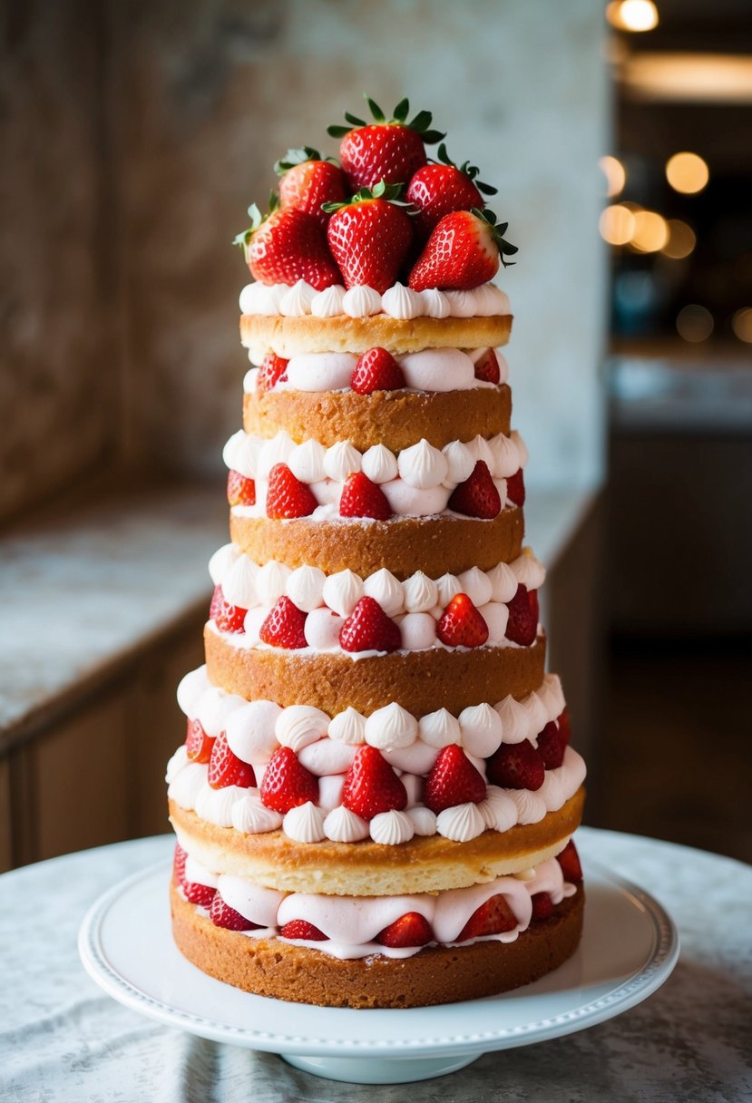 A tall, decadent layer cake with alternating layers of fluffy strawberry cake, creamy filling, and fresh strawberries on top