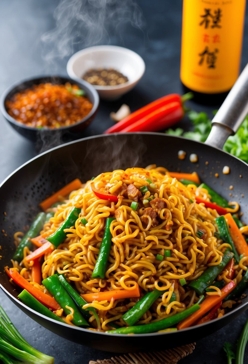 A sizzling wok filled with stir-fried chow mein, surrounded by colorful vegetables and aromatic spices