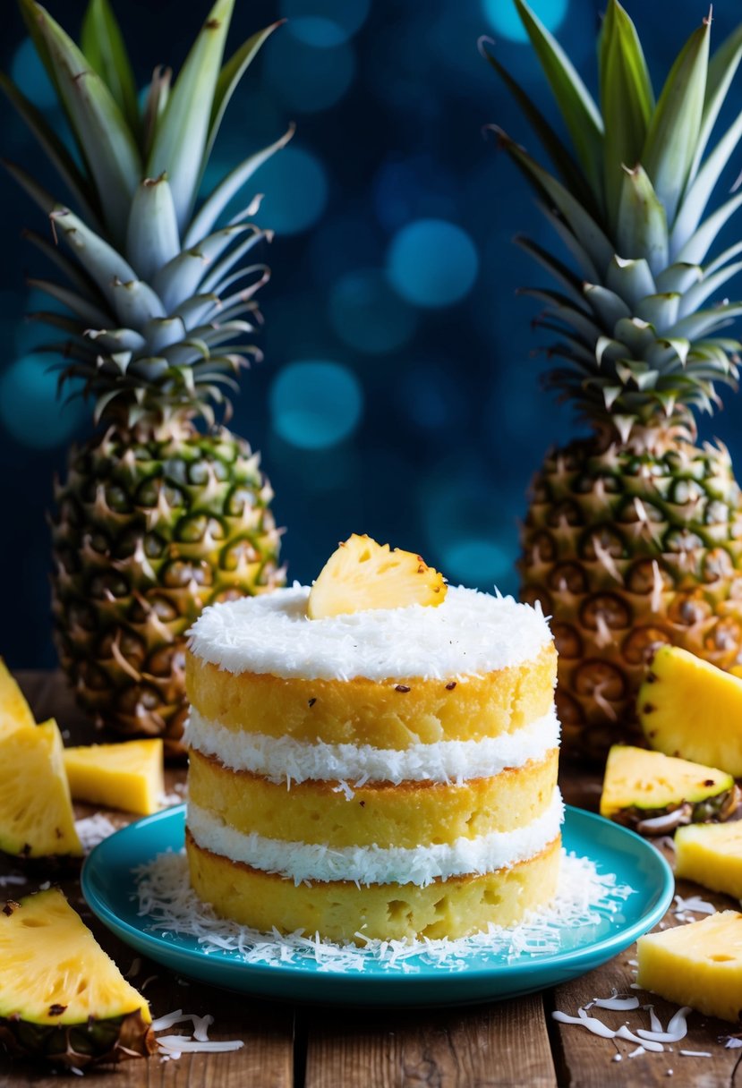 A tropical scene with a layered pineapple coconut cake on a wooden table, surrounded by fresh pineapple slices and shredded coconut