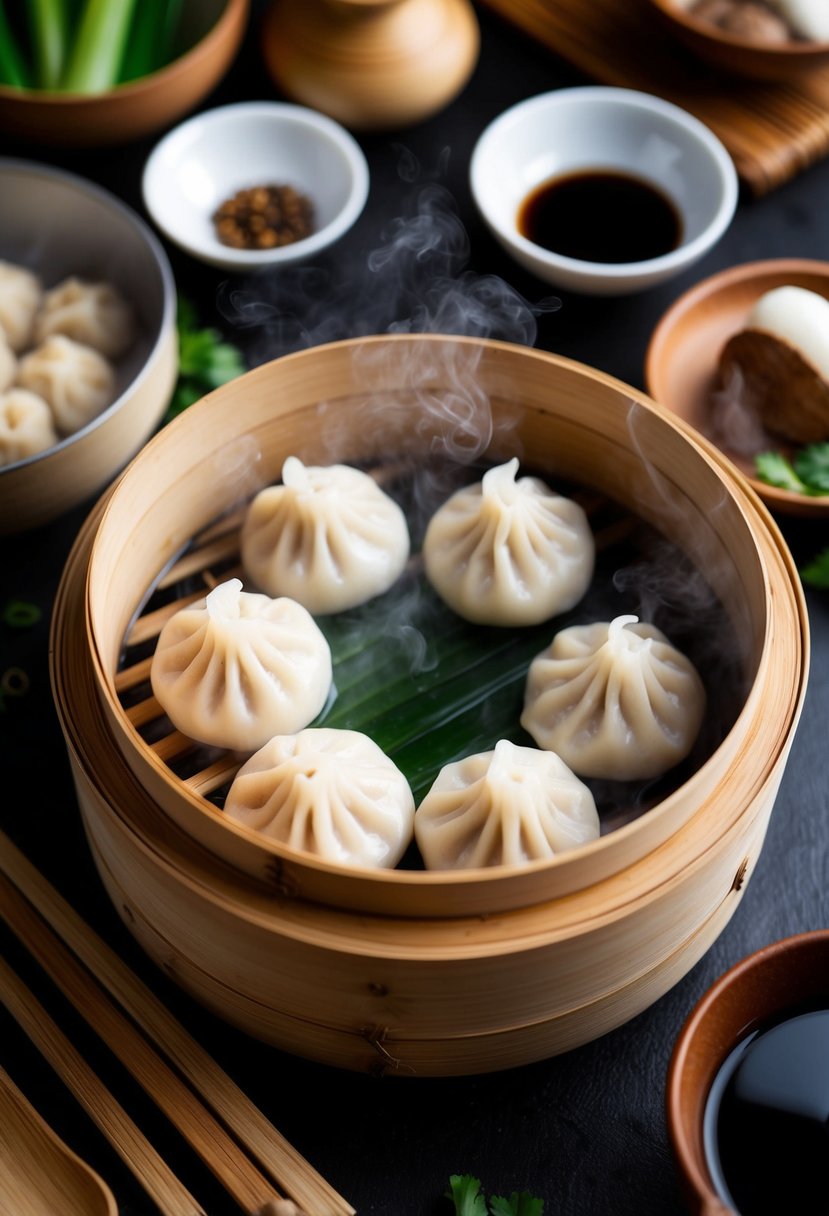 A steaming bamboo steamer filled with freshly cooked pork dumplings, surrounded by traditional Chinese cooking utensils and ingredients