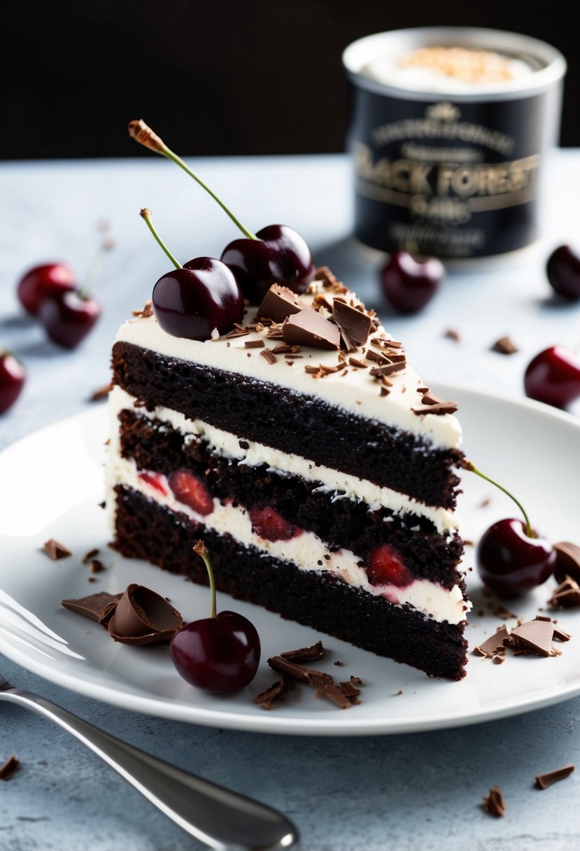 A slice of Black Forest Cake on a white plate with scattered cherry pieces and chocolate shavings