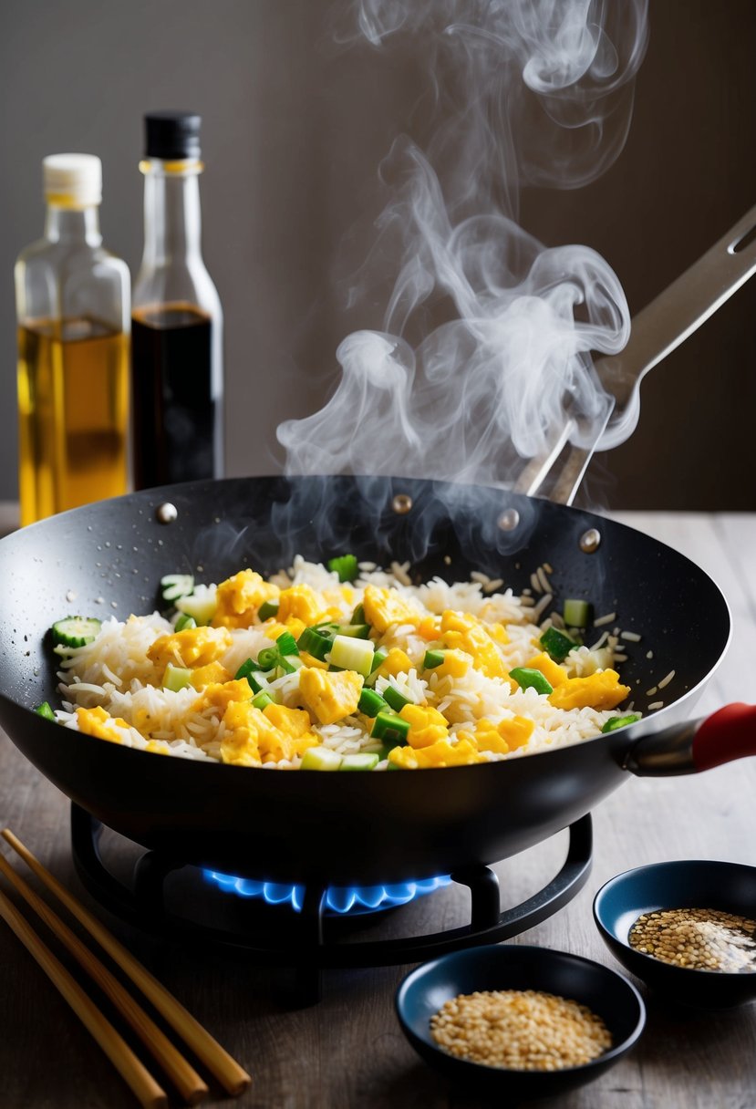 A sizzling wok filled with fluffy rice, scrambled eggs, and diced vegetables, emitting aromatic steam. Soy sauce and sesame oil bottles nearby