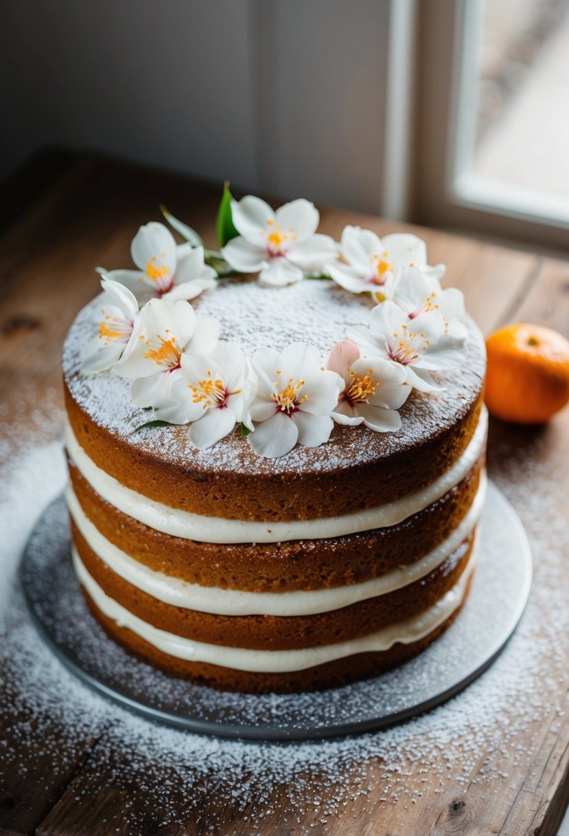 A freshly baked orange blossom layer cake sits on a rustic wooden table, adorned with delicate orange blossom flowers and a dusting of powdered sugar