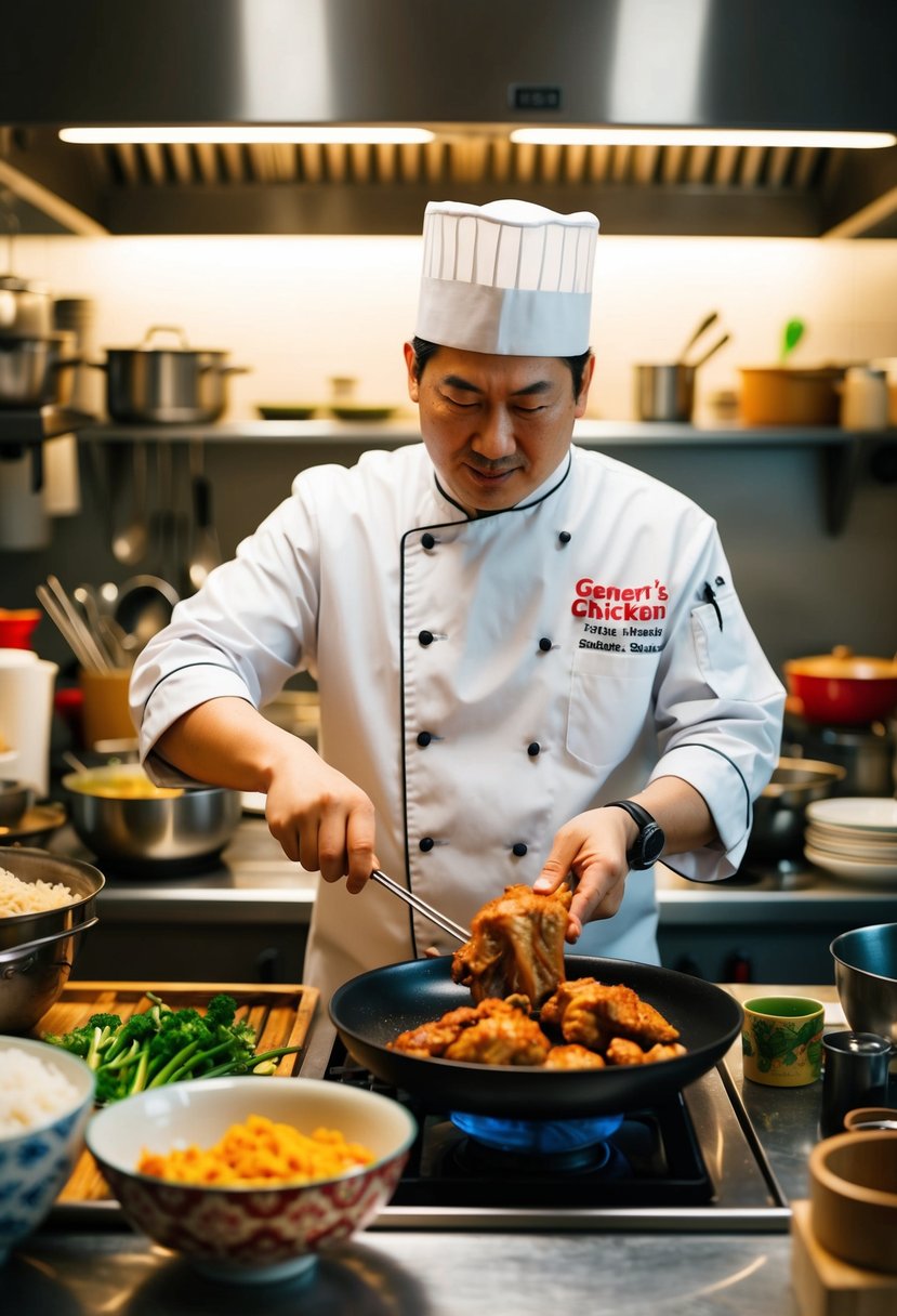 A chef preparing General Tso's Chicken in a bustling Chinese kitchen, surrounded by traditional ingredients and cooking utensils