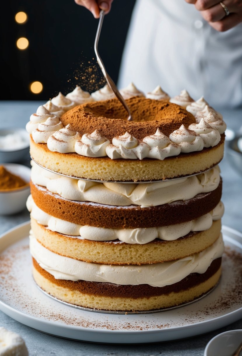 A decadent tiramisu layer cake being assembled with layers of sponge cake, creamy mascarpone filling, and dusted with cocoa powder