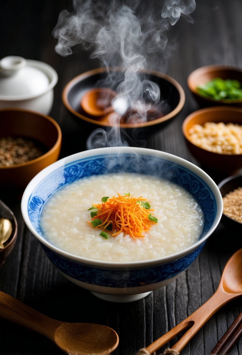 A steaming bowl of congee surrounded by traditional Chinese cooking ingredients and utensils