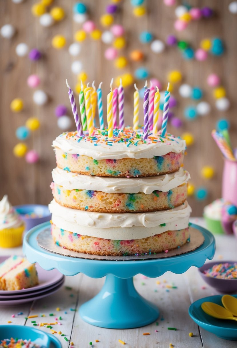 A colorful Funfetti Birthday Cake with layers of vanilla cake, sprinkles, and frosting on a cake stand