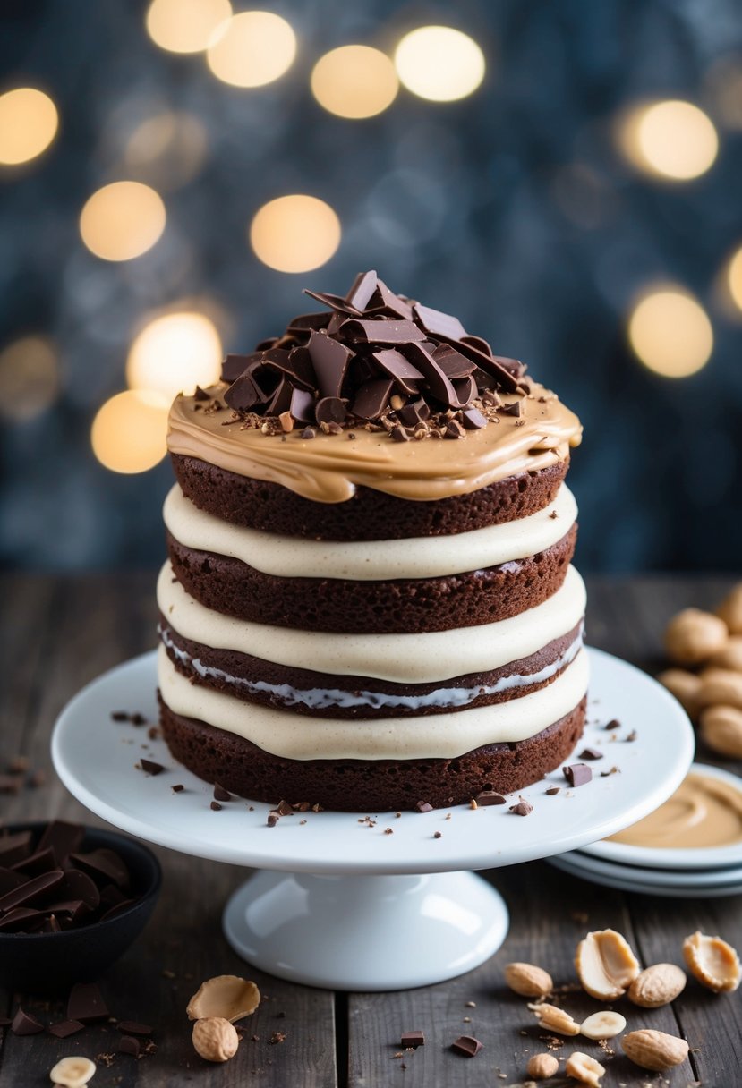 A decadent layer cake with rich peanut butter and chocolate flavors, topped with a creamy frosting and garnished with chocolate shavings