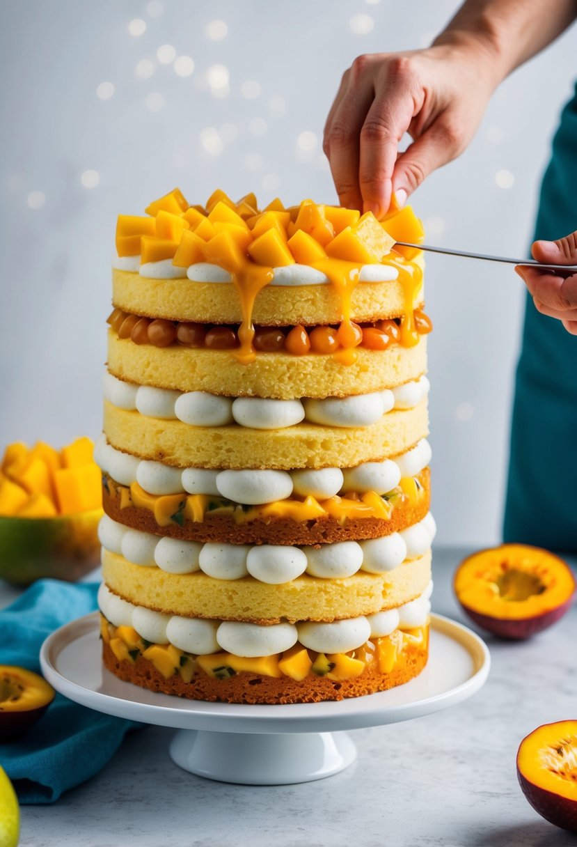 A vibrant mango passionfruit layer cake being delicately assembled with alternating layers of sponge and fruity filling