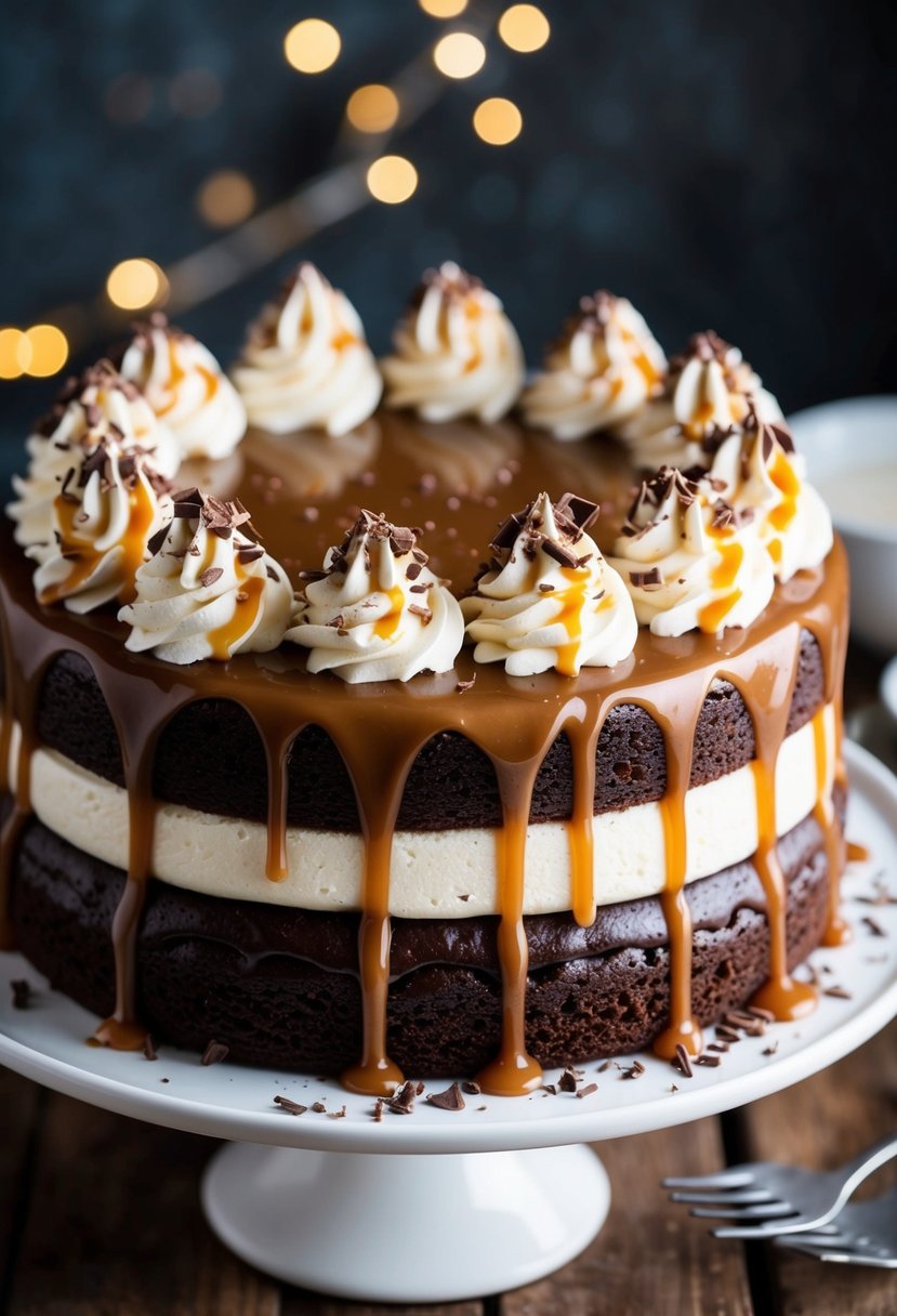 A decadent chocolate cake with layers of salted caramel dripping down the sides, topped with swirls of whipped cream and chocolate shavings