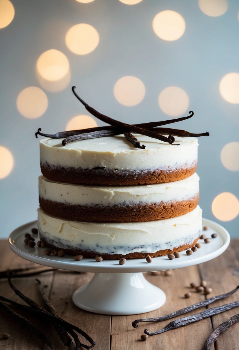 A vanilla bean layer cake sits on a white cake stand, adorned with delicate vanilla bean pods and surrounded by scattered fresh vanilla beans