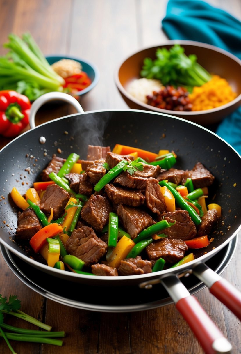 Sizzling beef stir-fry in a wok with colorful vegetables and aromatic spices