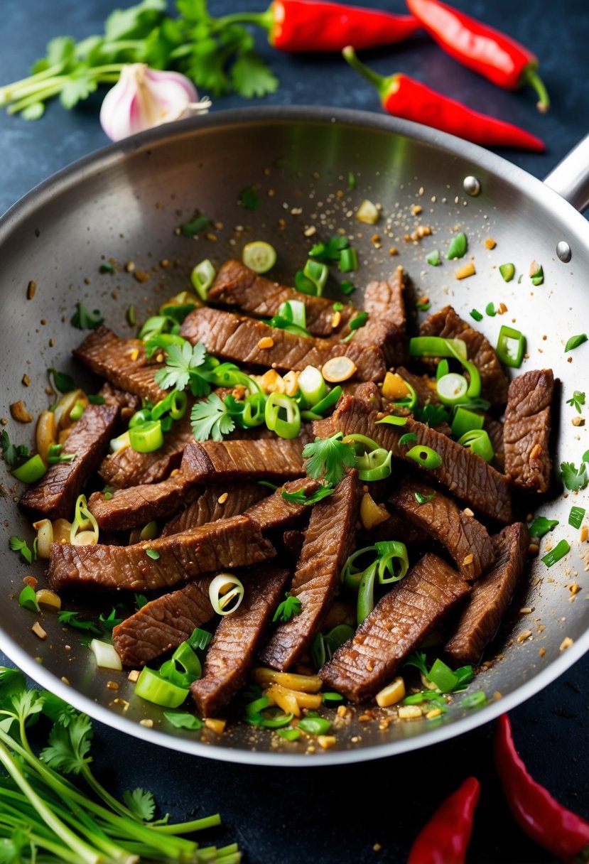 A sizzling hot wok filled with tender strips of Mongolian beef, stir-fried with green onions and garlic, surrounded by vibrant red chili peppers and fresh cilantro