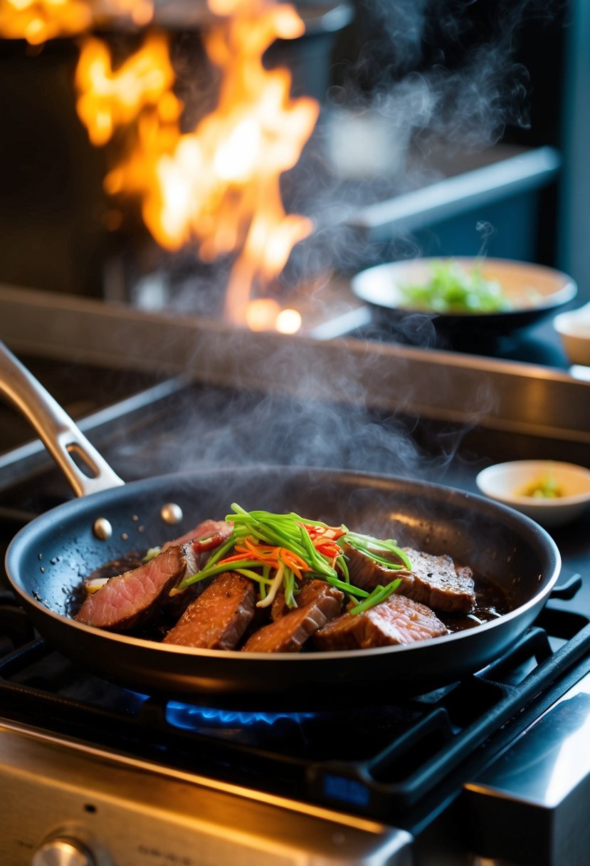 A sizzling hot pan cooks marinated Korean bulgogi beef, emitting savory aromas