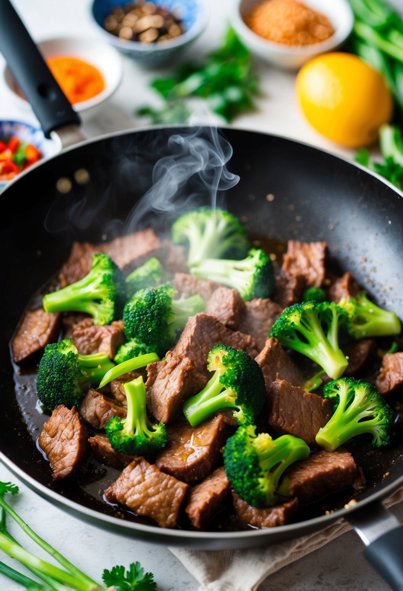 A sizzling pan of beef and broccoli stir-fry, steam rising, surrounded by colorful Asian spices and ingredients