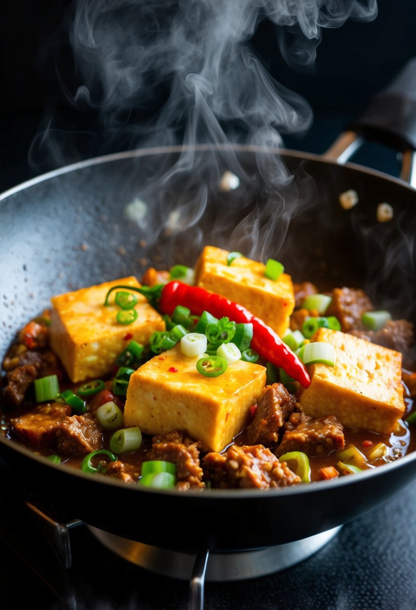 A steaming hot bowl of Spicy Mapo Tofu with Beef, garnished with green onions and red chili peppers, sizzling in a wok