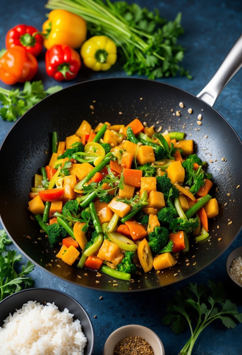 A wok sizzling with stir-fry, surrounded by colorful vegetables, herbs, and spices. A steaming bowl of rice sits nearby