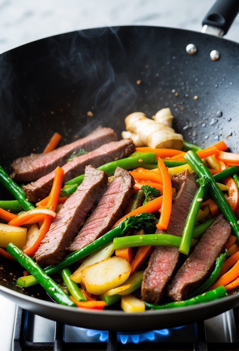 A sizzling wok with tender strips of beef, vibrant ginger, and colorful stir-fry vegetables cooking over high heat