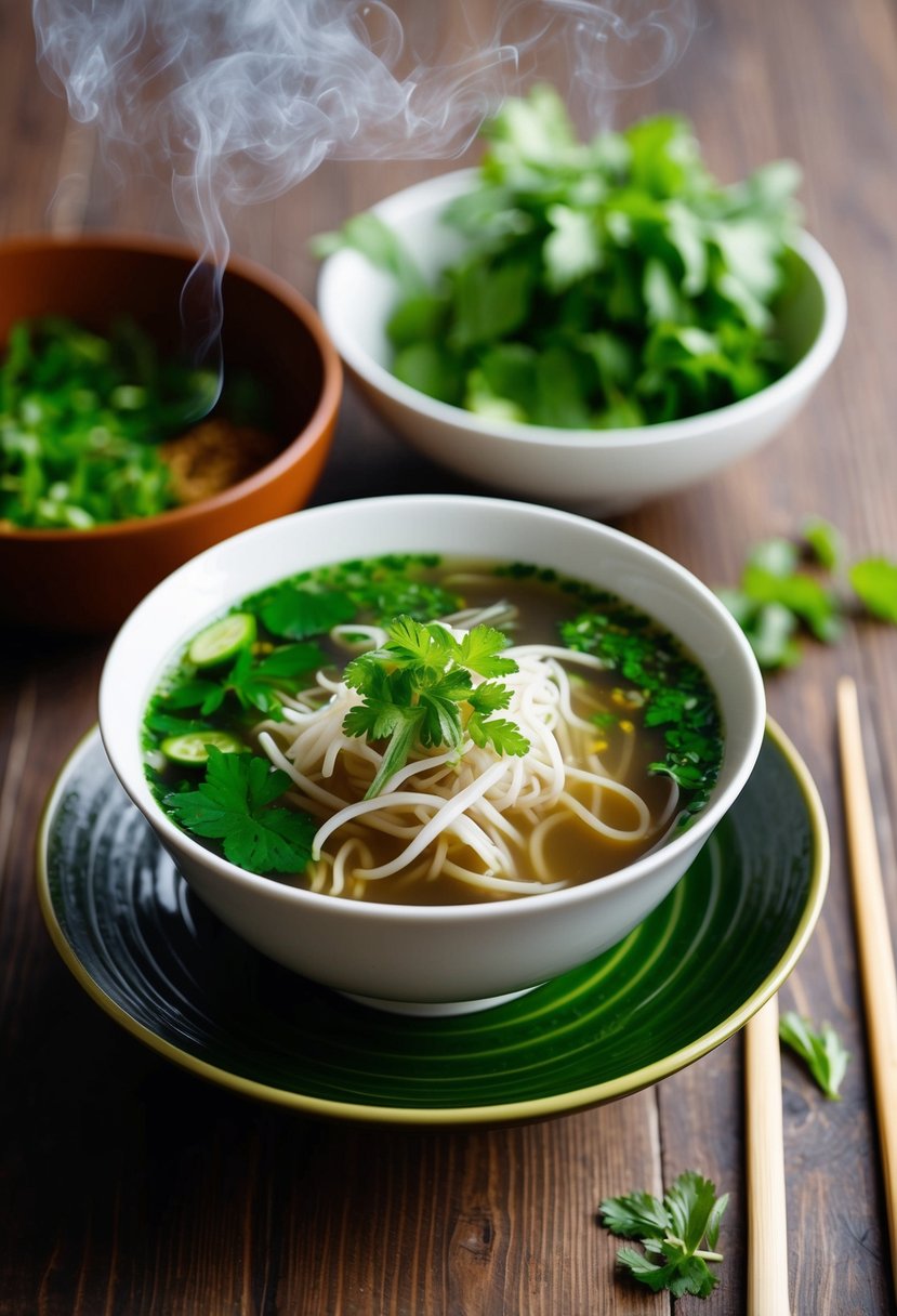 A steaming bowl of Vietnamese Pho with fresh herbs and spices