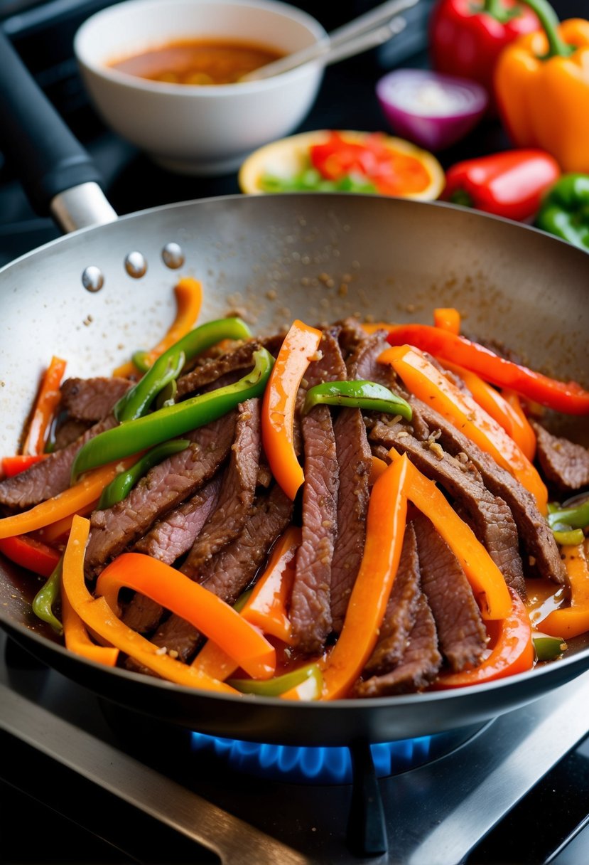 A sizzling wok filled with thinly sliced orange beef, stir-frying with colorful bell peppers and onions in a sweet and spicy sauce