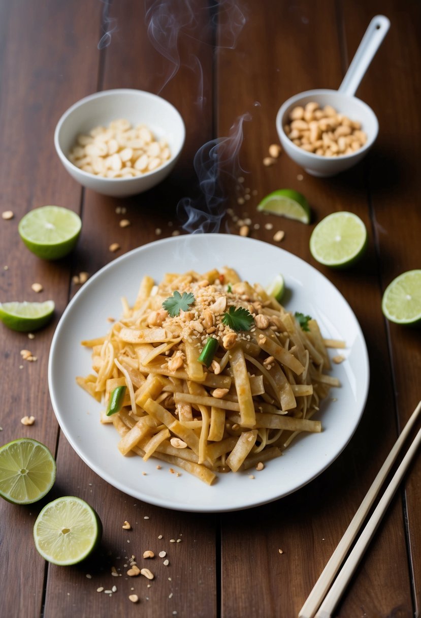 A steaming plate of Pad Thai sits on a wooden table, surrounded by chopsticks, lime wedges, and a sprinkle of crushed peanuts