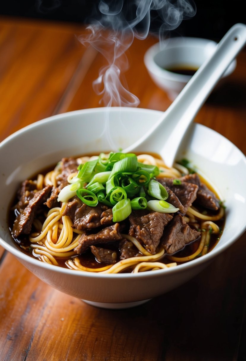 A steaming bowl of classic Chinese beef noodles, garnished with green onions and chili oil, sits on a wooden table