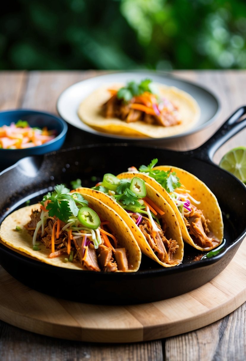 A sizzling skillet of Korean pulled pork tacos with colorful Asian-inspired toppings