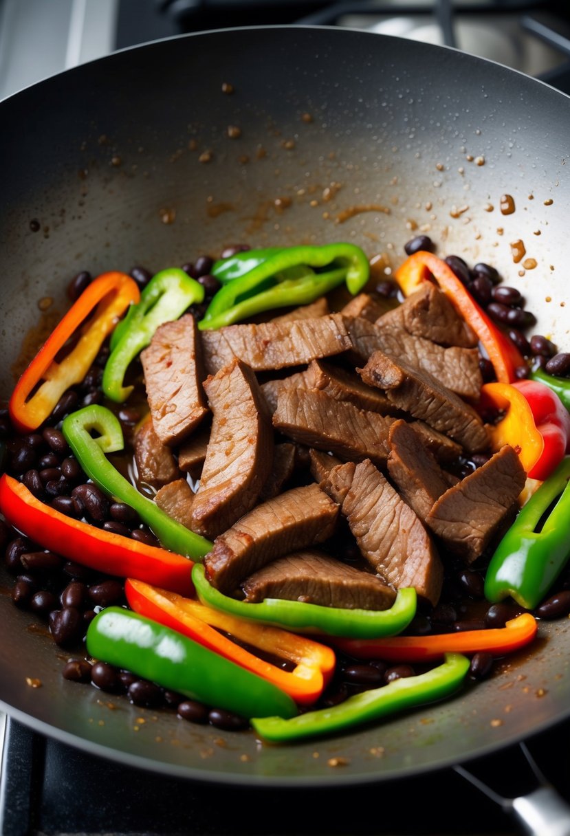 A sizzling wok filled with tender slices of beef, vibrant green and red bell peppers, and glossy black beans in a savory sauce