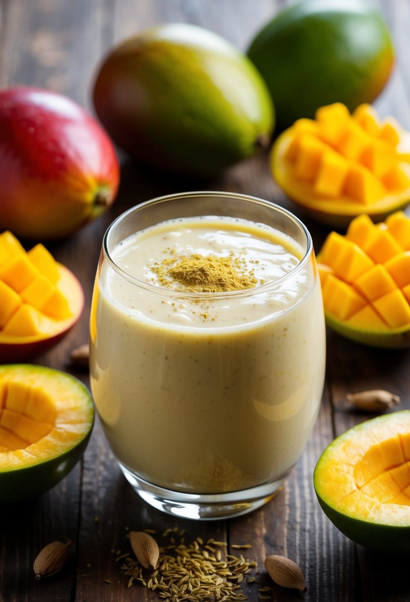 A glass of mango lassi surrounded by fresh mangoes and a sprinkle of cardamom on a wooden table