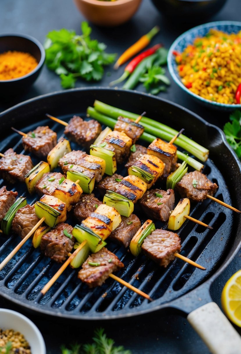 A sizzling grill with lemongrass beef skewers, surrounded by vibrant Asian spices and herbs