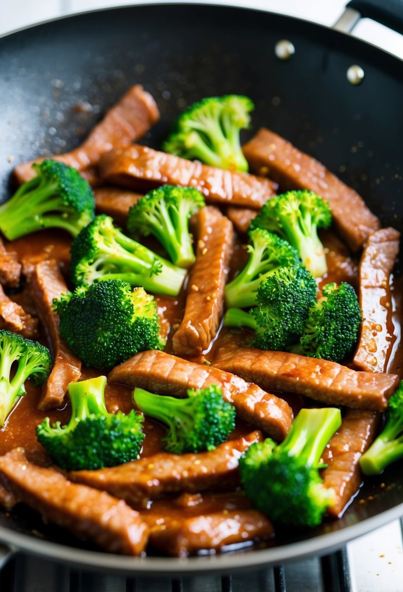 A sizzling wok filled with tender beef strips, vibrant green broccoli florets, and a glossy, savory sauce