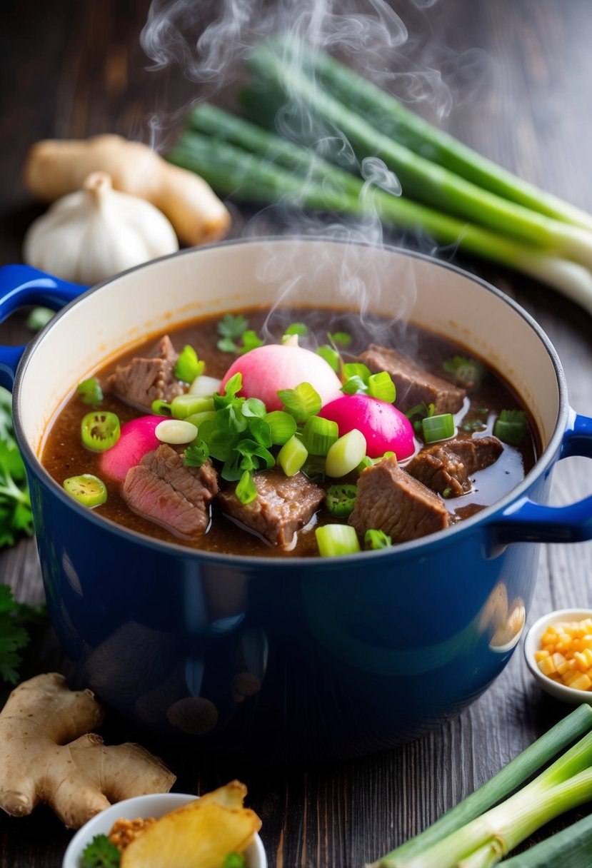 A steaming pot of beef and radish stew, surrounded by vibrant, fresh ingredients like ginger, garlic, and green onions