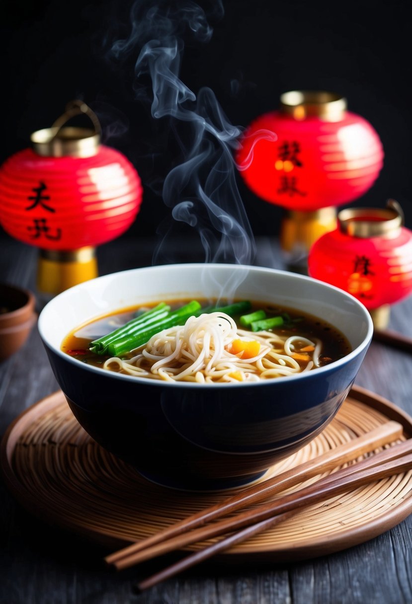 A steaming bowl of Chinese noodle soup surrounded by chopsticks and a pair of red lanterns