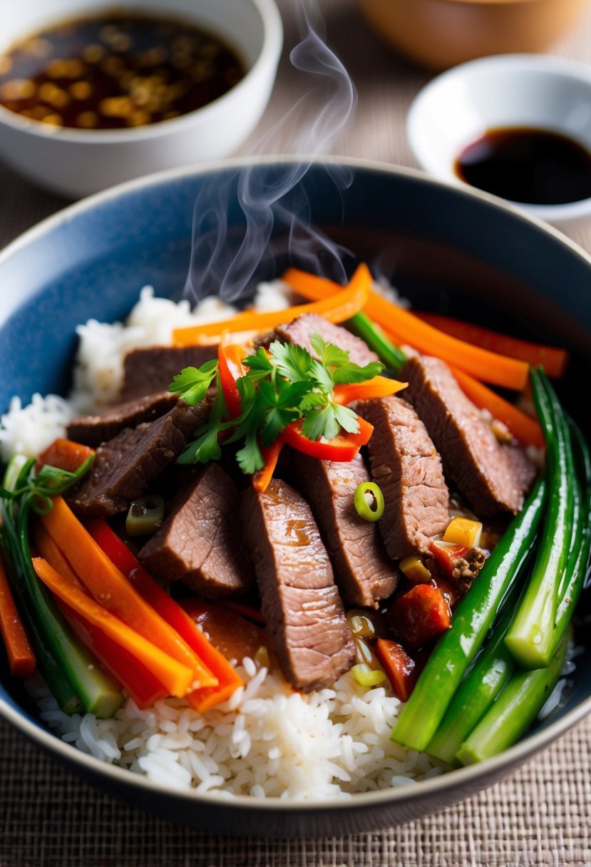 A steaming bowl filled with tender slices of beef, colorful vegetables, and fragrant Asian spices, all nestled on a bed of fluffy white rice