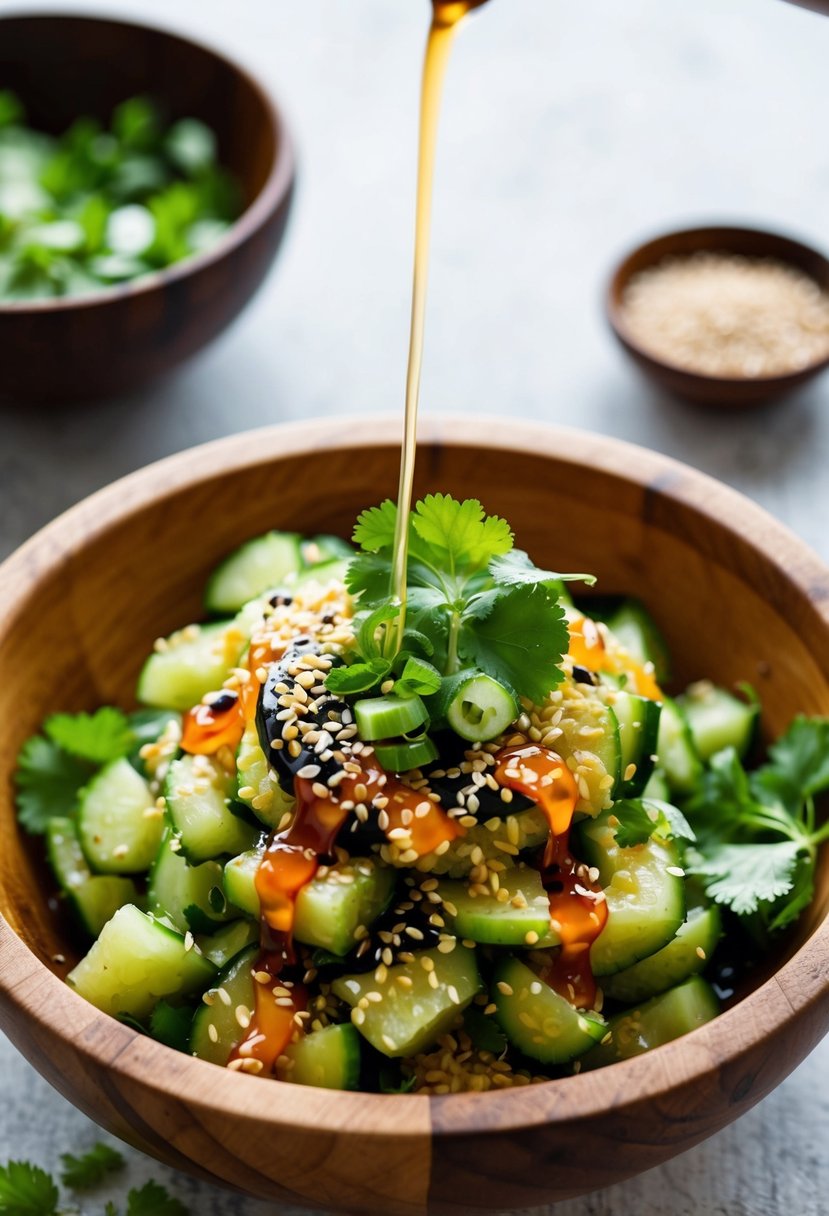 A wooden bowl filled with smashed cucumbers, sesame seeds, and chili flakes, drizzled with soy sauce and rice vinegar, garnished with cilantro and green onions