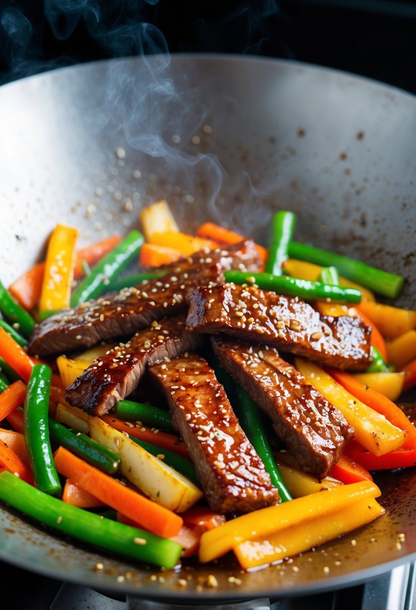 Sizzling teriyaki beef strips with colorful stir-fried vegetables in a steaming wok