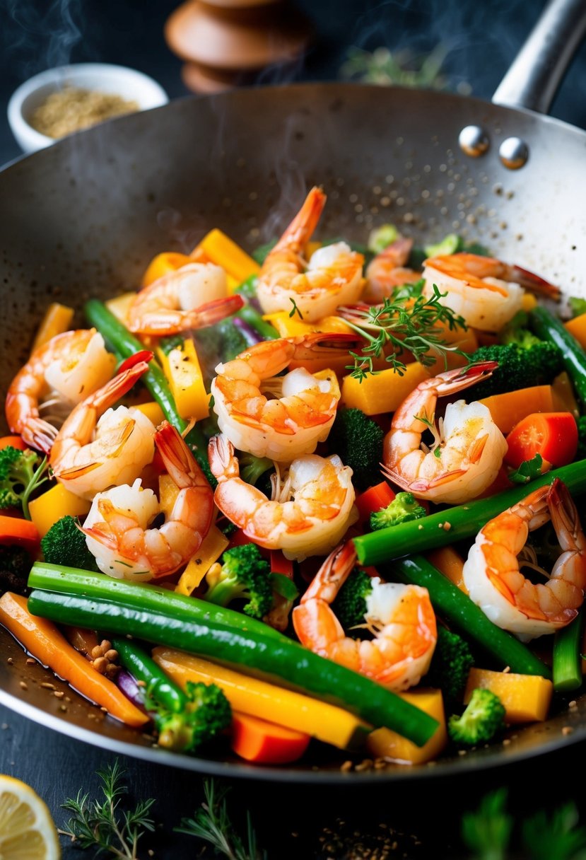 A sizzling wok filled with colorful vegetables and plump, juicy shrimp, surrounded by aromatic herbs and spices