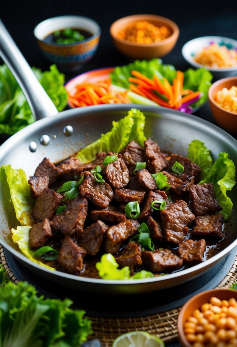 A sizzling pan of crispy beef and vibrant lettuce leaves, surrounded by colorful Asian-inspired ingredients