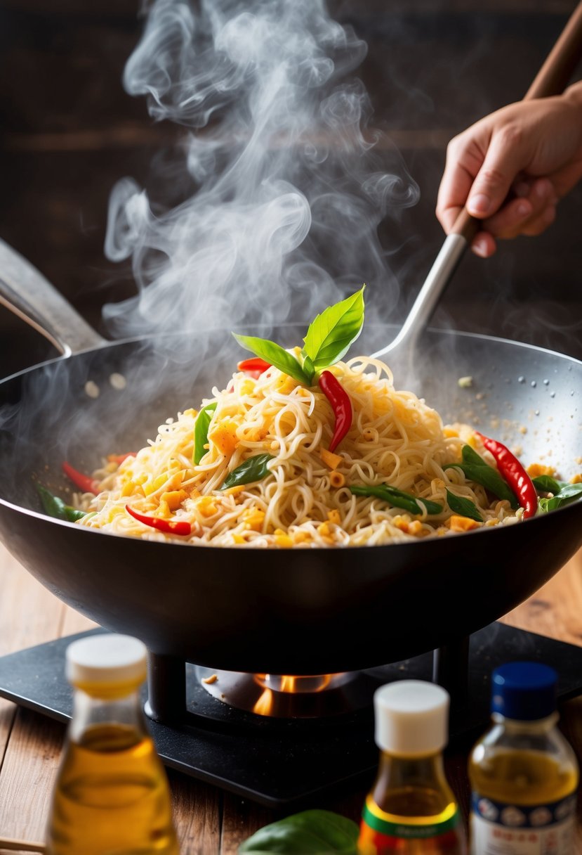 A sizzling wok tosses rice noodles, chili, and basil in a fragrant cloud of steam. Soy sauce and fish sauce bottles stand nearby