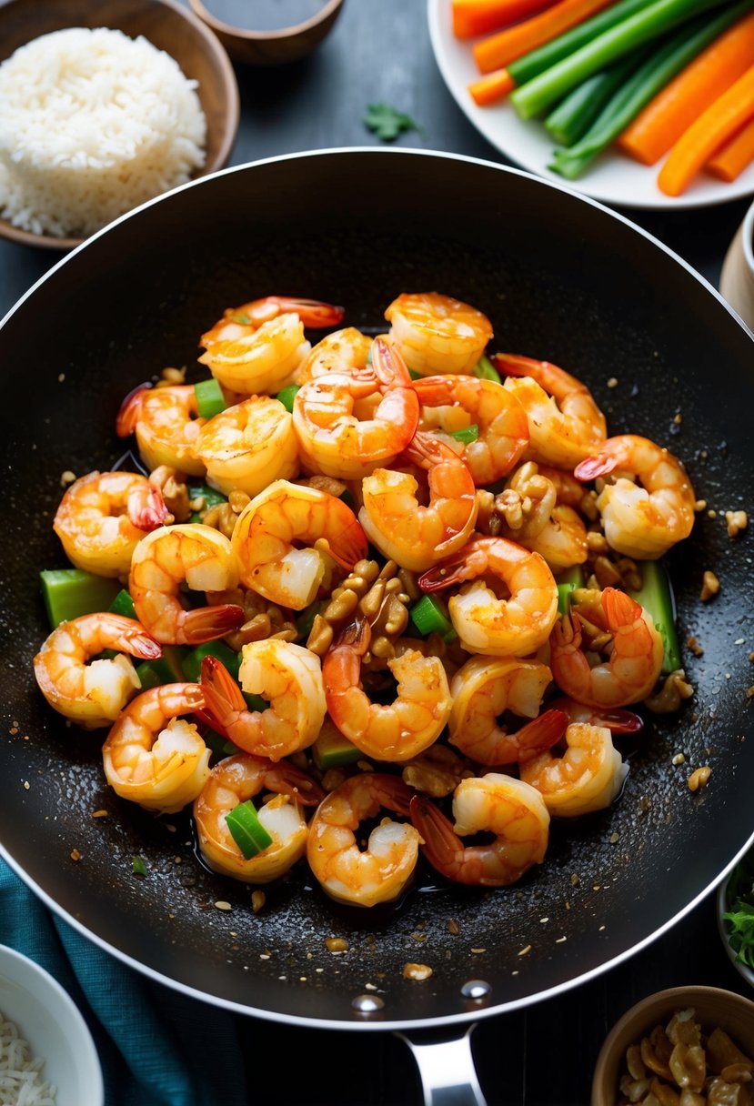 A sizzling wok filled with plump shrimp coated in a golden honey walnut glaze, surrounded by colorful vegetables and steamed rice