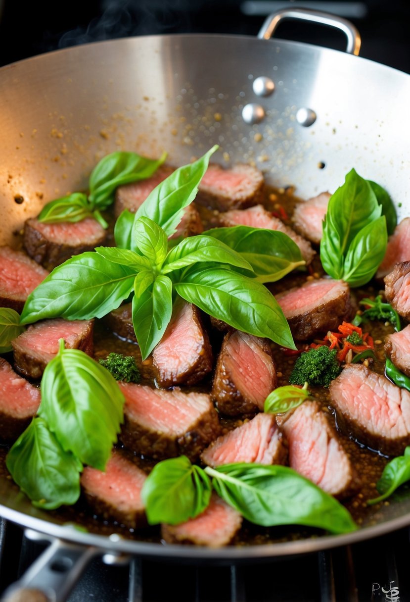 A sizzling wok filled with tender slices of beef, vibrant green Thai basil leaves, and aromatic spices